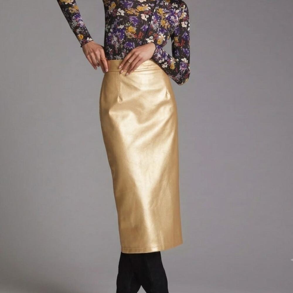 HUNTER BELL Taylor Gold Faux Leather Metallic Midi Pencil Skirt 6 Anthropologie
